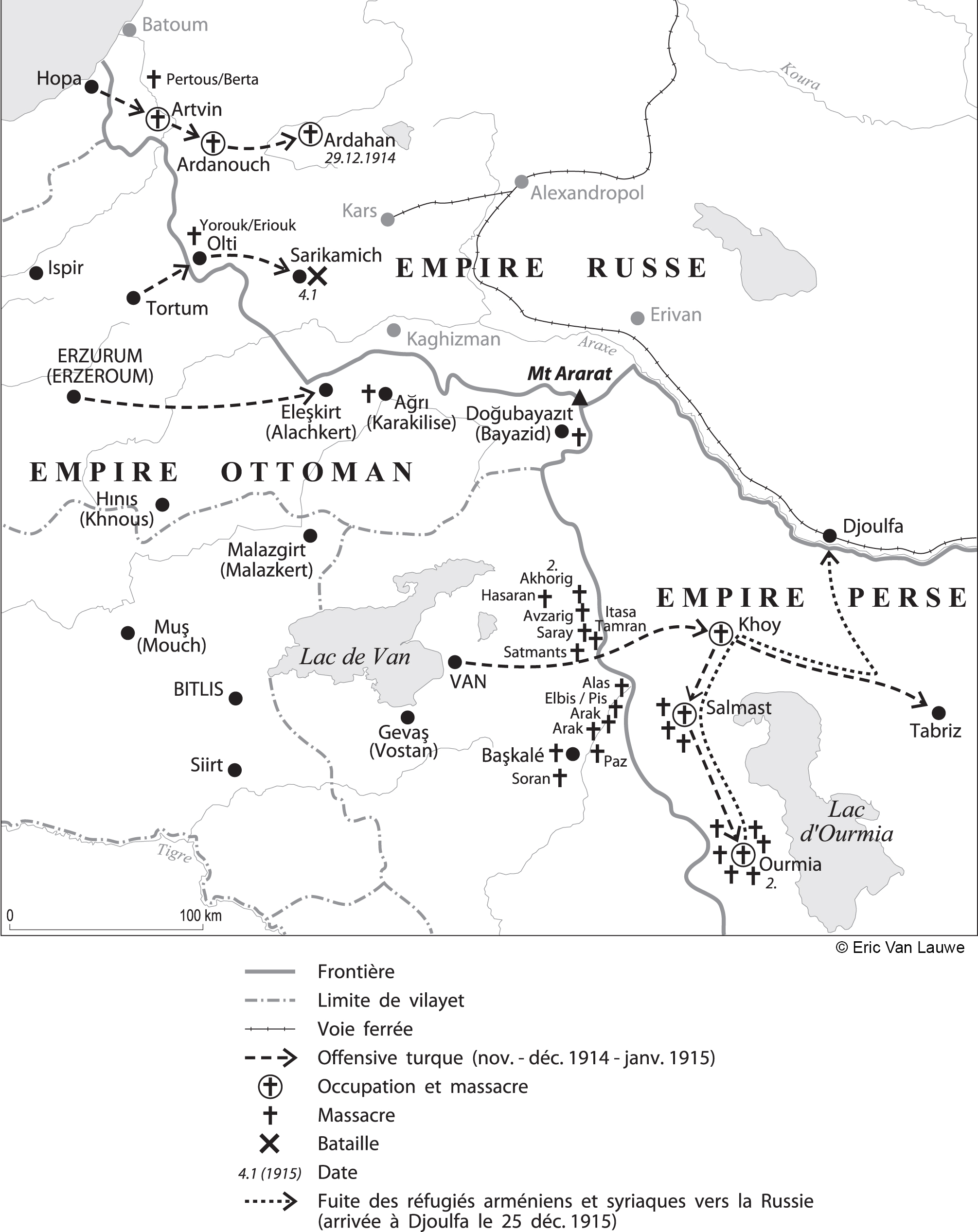 La carte des premières violences de masse sur le front du caucase (décembre 1914 - février 1915)