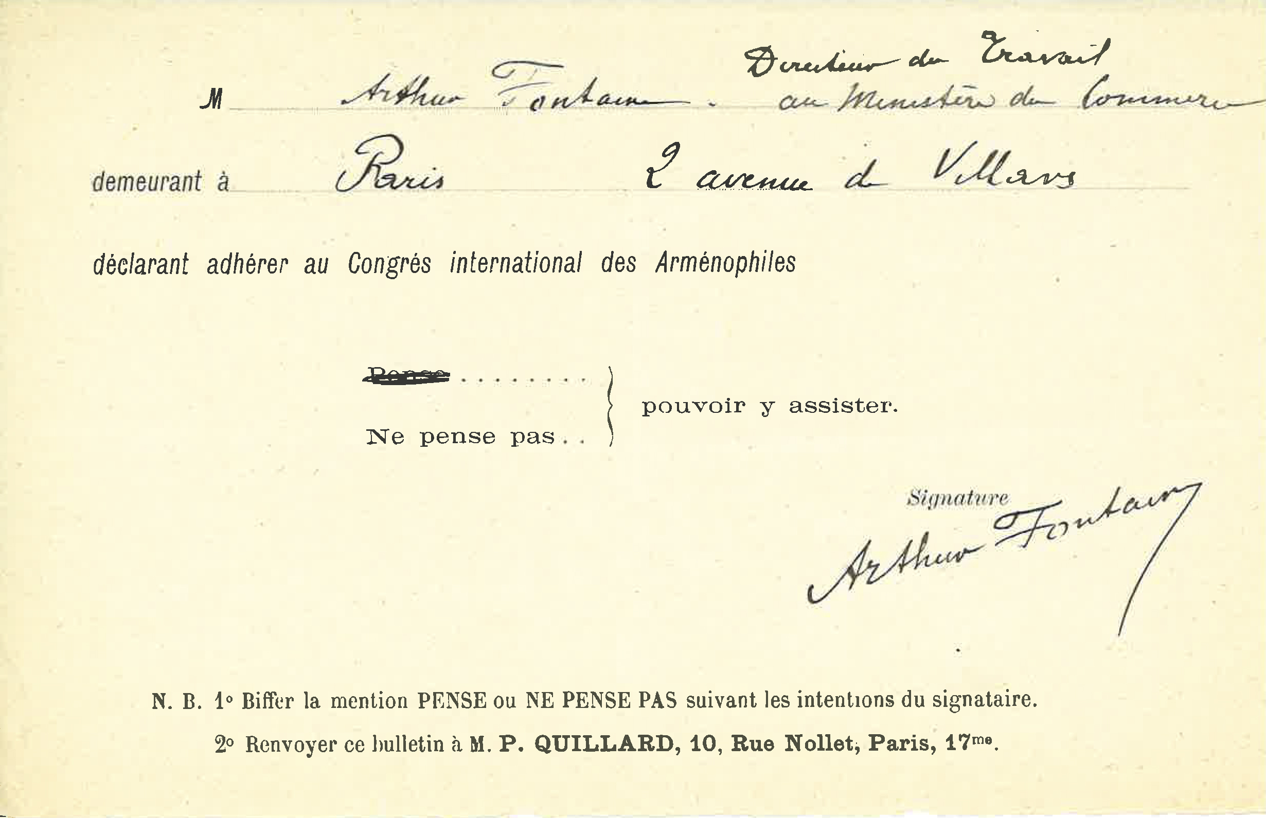 Bulletins d’adhésion au Congrès international des Arménophiles de Bruxelles (1902) 