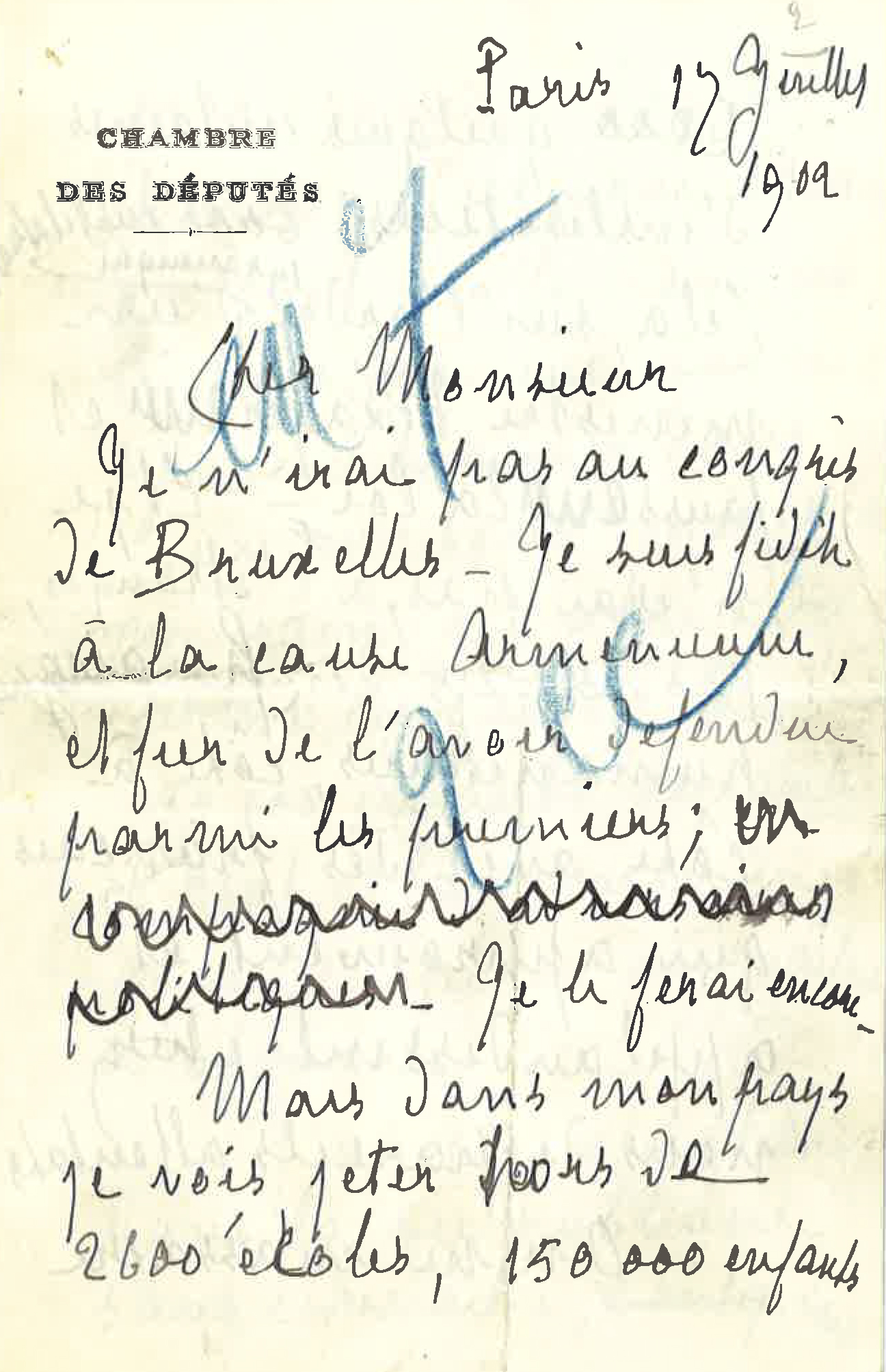 Lettre de Denys Cochin à Pierre Quillard du 19 juillet 1902, 