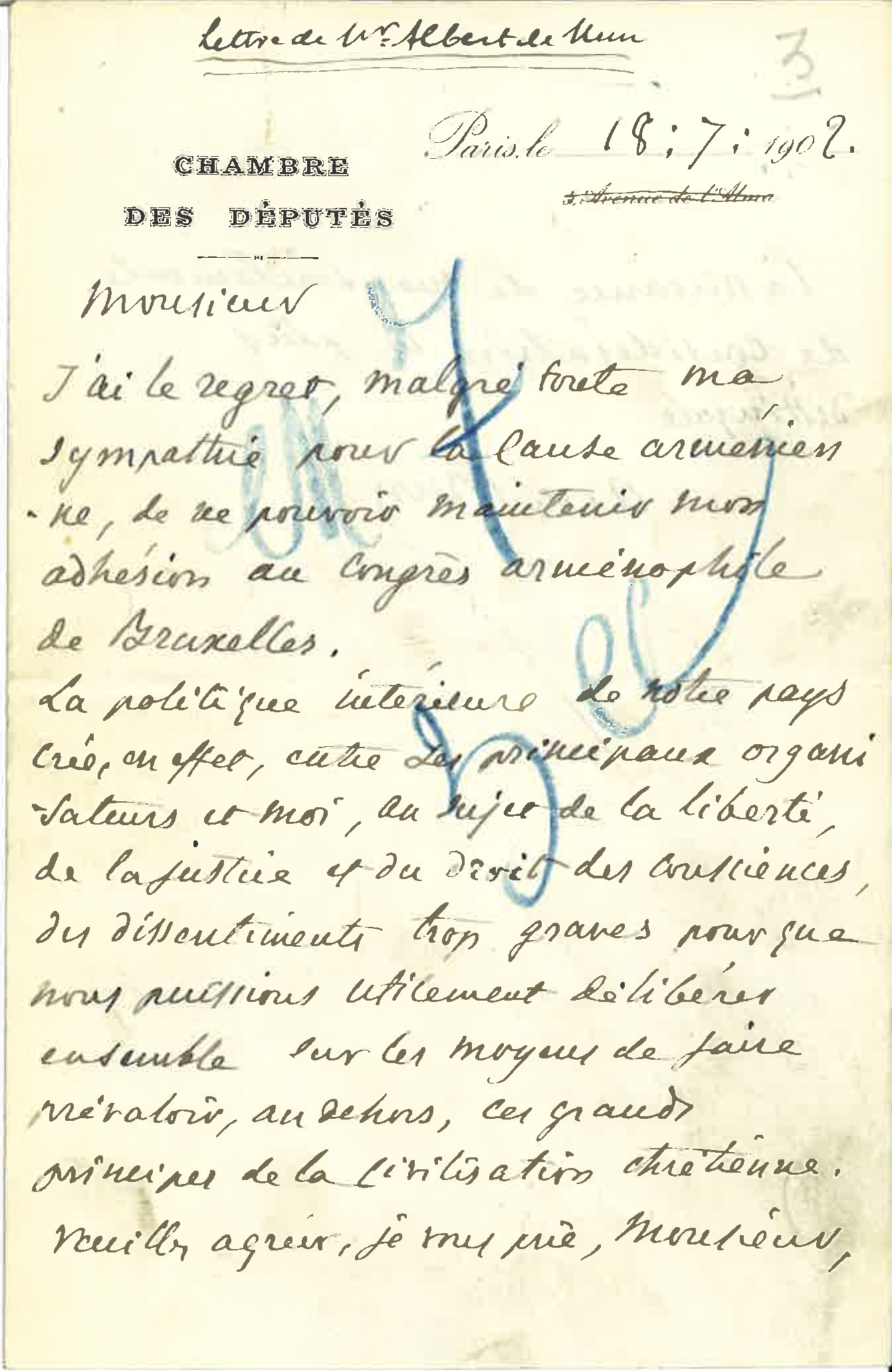 Lettre d’Albert de Mun à Pierre Quillard du 18 juillet 1902