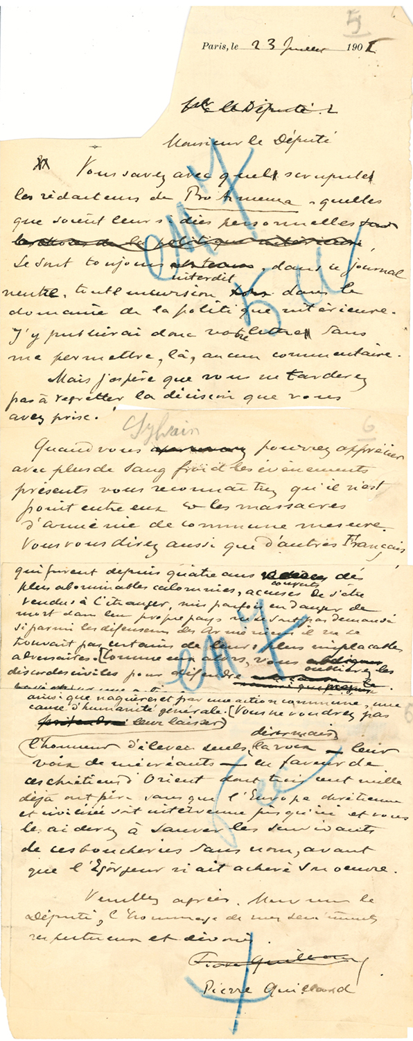 . Brouillon d’une lettre de Pierre Quillard du 23 juillet 1902