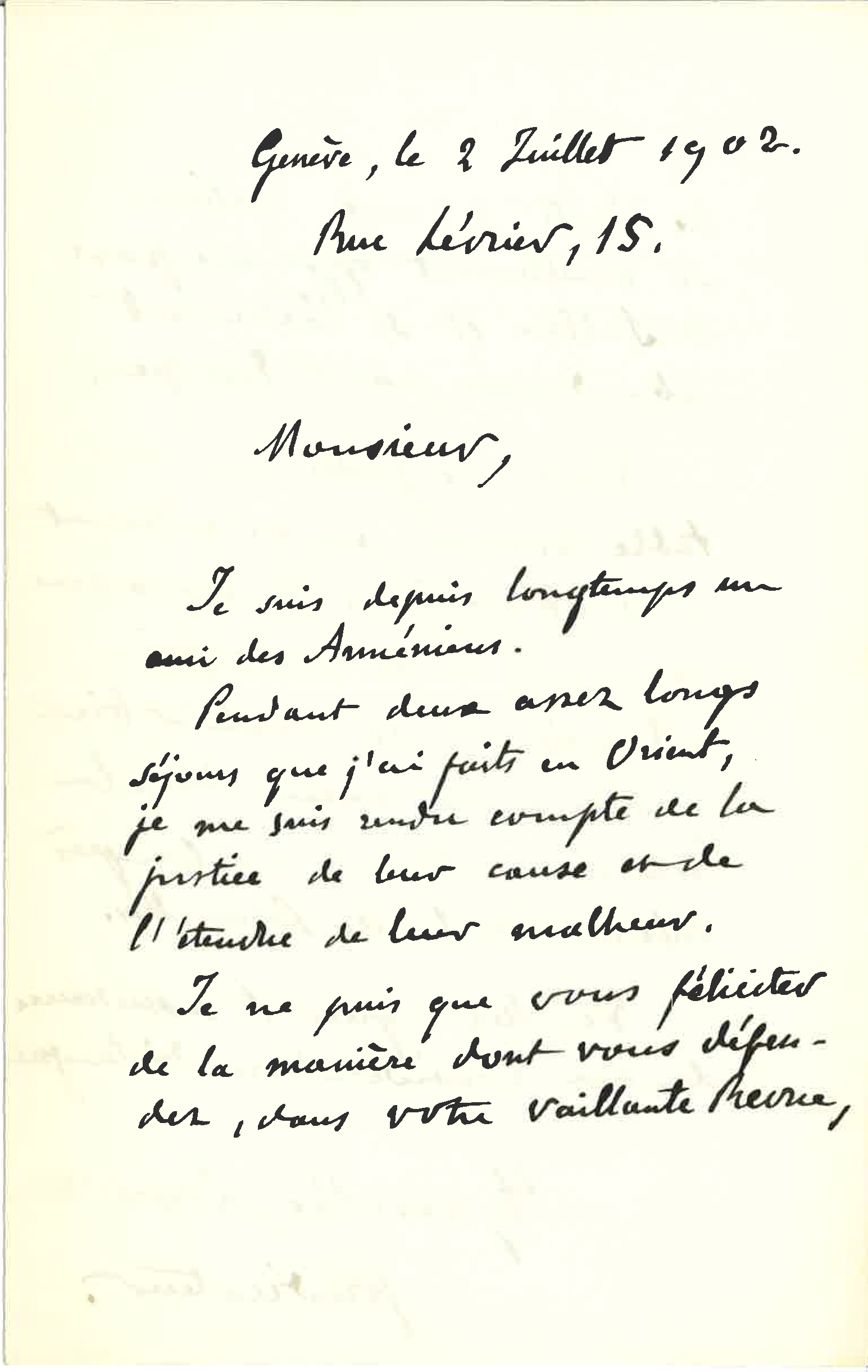Lettre du prédicateur Hyacinthe Loyson à Pierre Quillard du 2 juillet 1902 