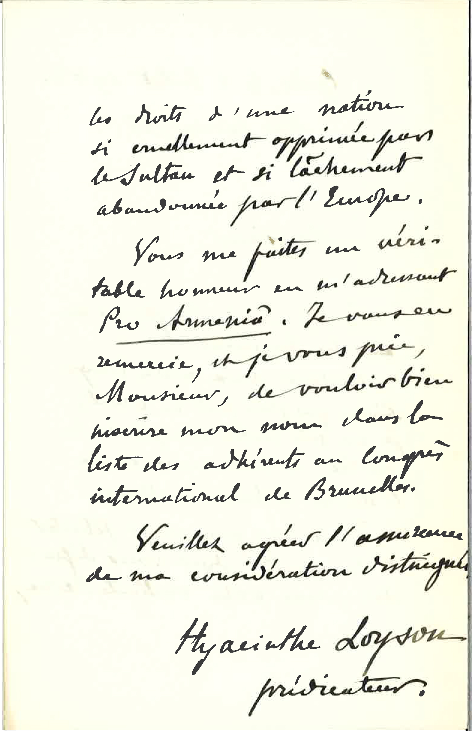 Lettre du prédicateur Hyacinthe Loyson à Pierre Quillard du 2 juillet 1902 