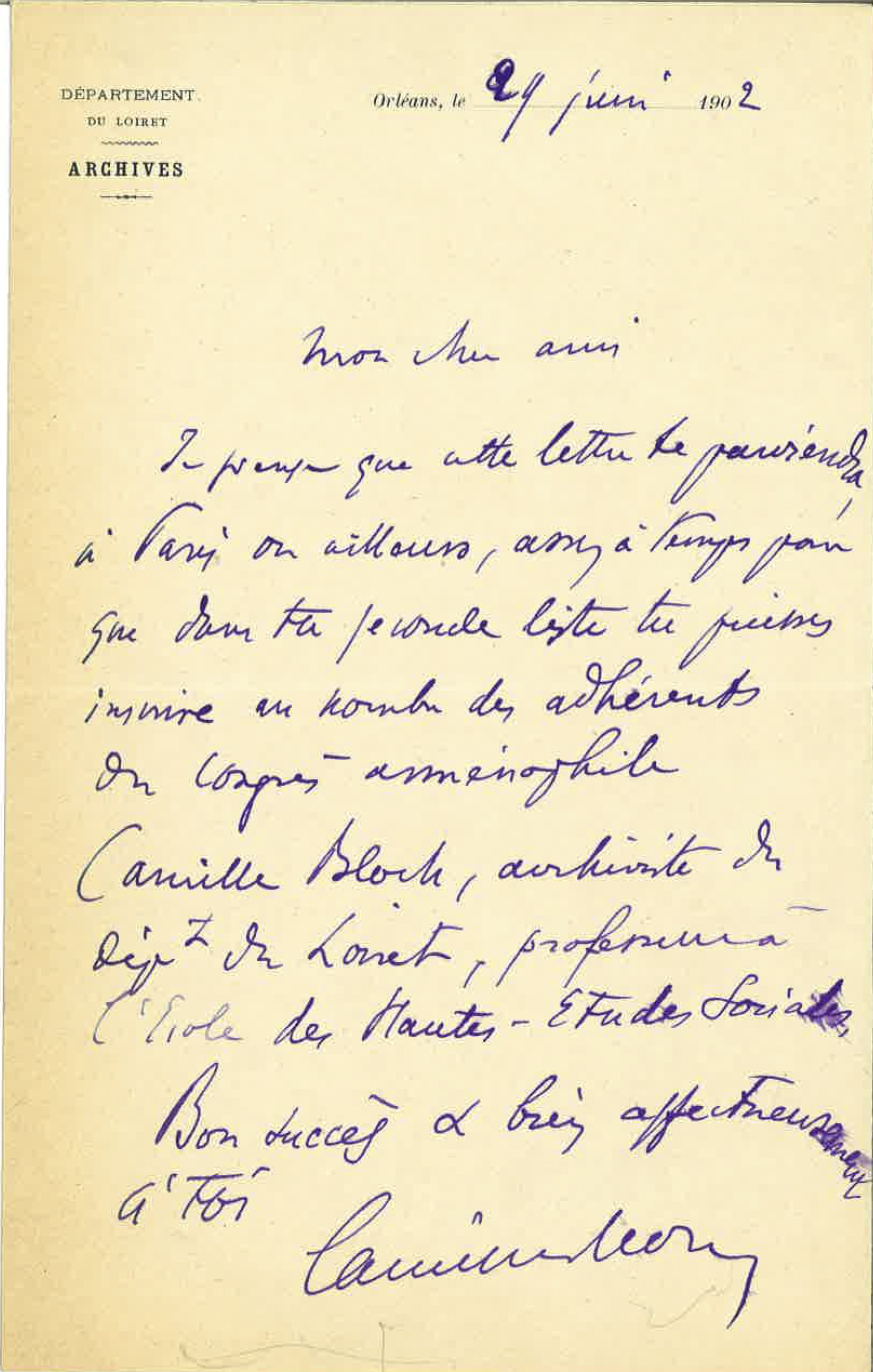 Lettre de Camille Bloch, archiviste et député du Loiret, à Pierre Quillard