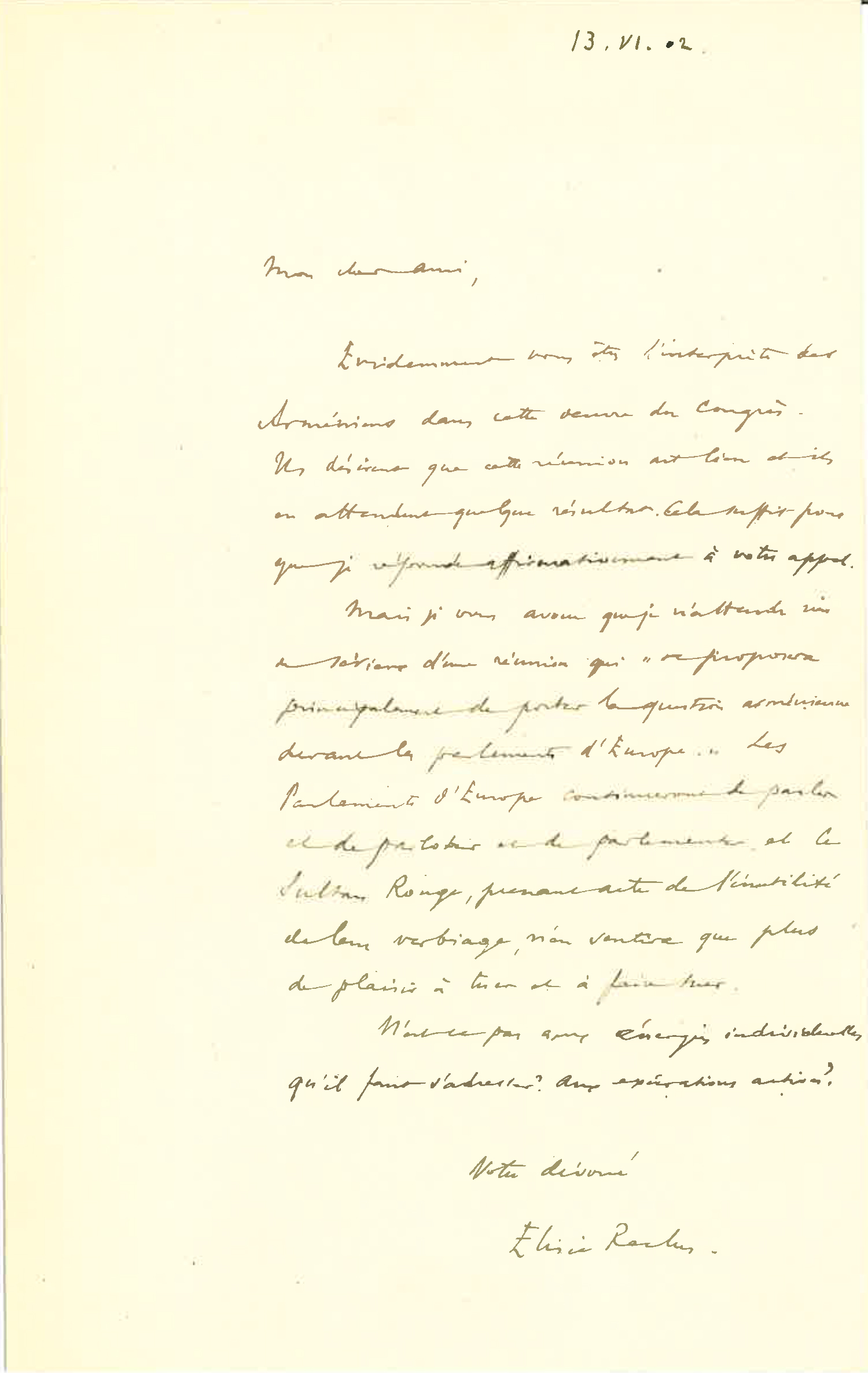 Lettre d’Élisée Reclus à Pierre Quillard du 13 juin 1902
