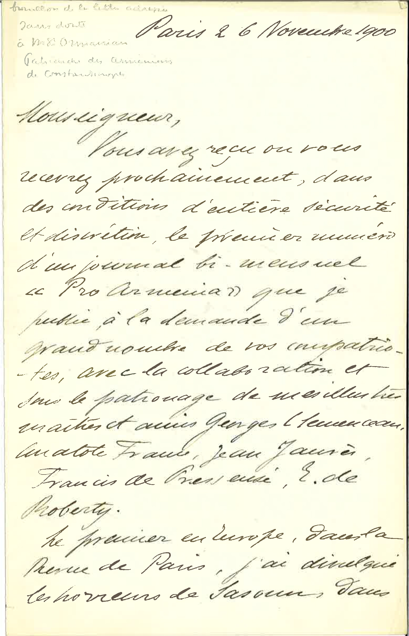 Brouillon de la lettre adressée par Pierre Quillard à Malachia Ormanian