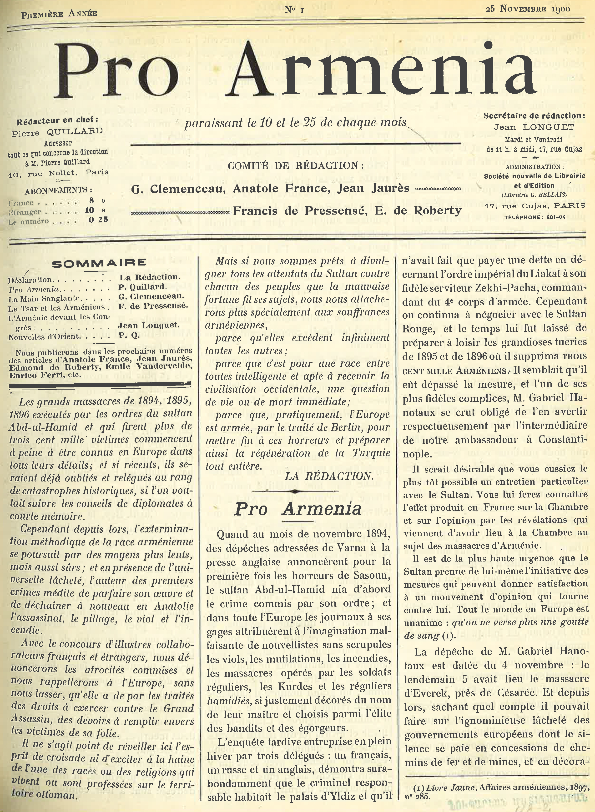 Éditorial de la rédaction du premier numéro du journal bimensuel Pro Armenia, 25 novembre 1900