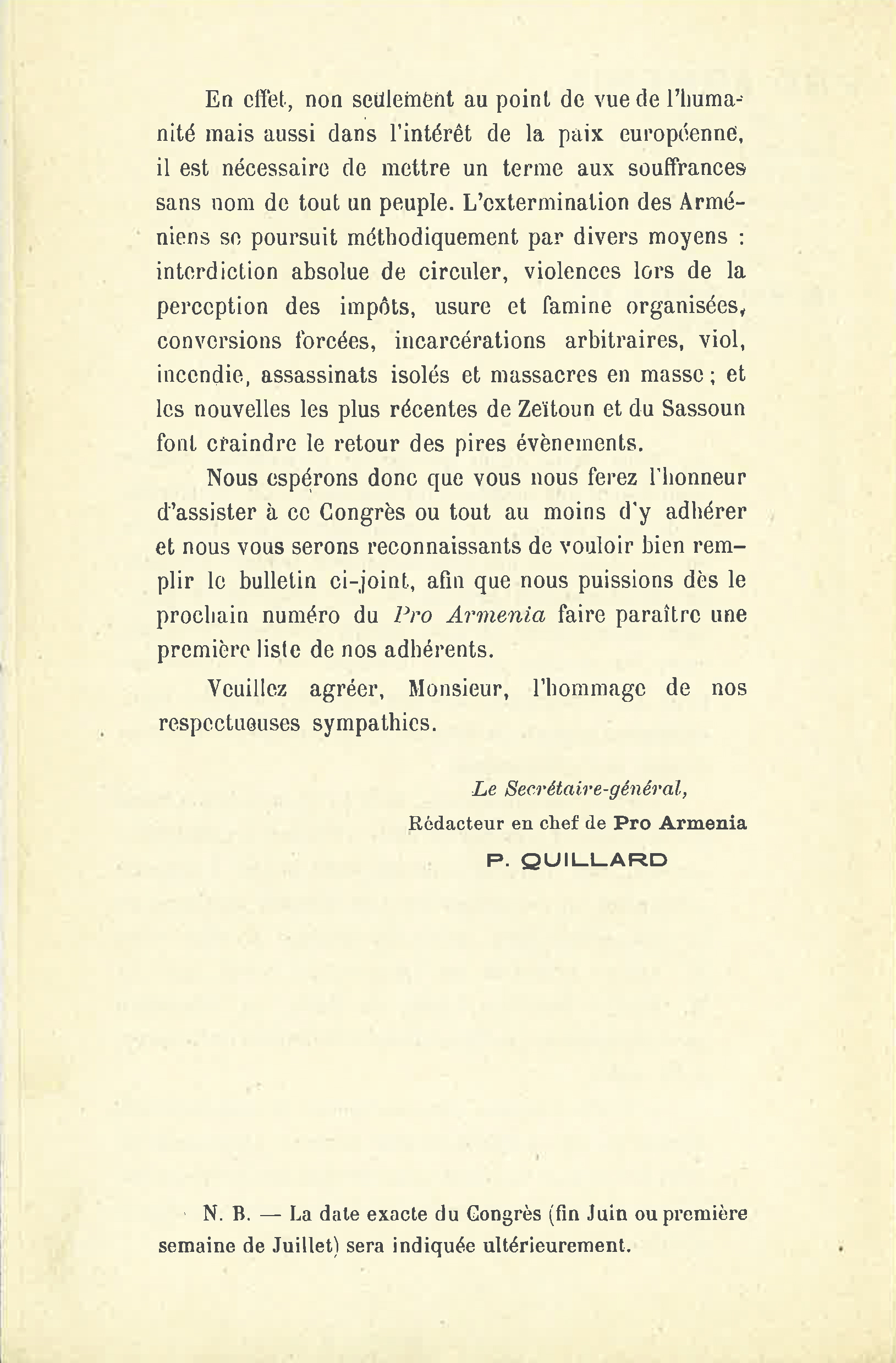 Verso du bulletin d’adhésion au Congrès international des Arménophiles de Bruxelles, 1902, rédigé par Pierre Quillard sur papier à en-tête de la revue Pro Armenia